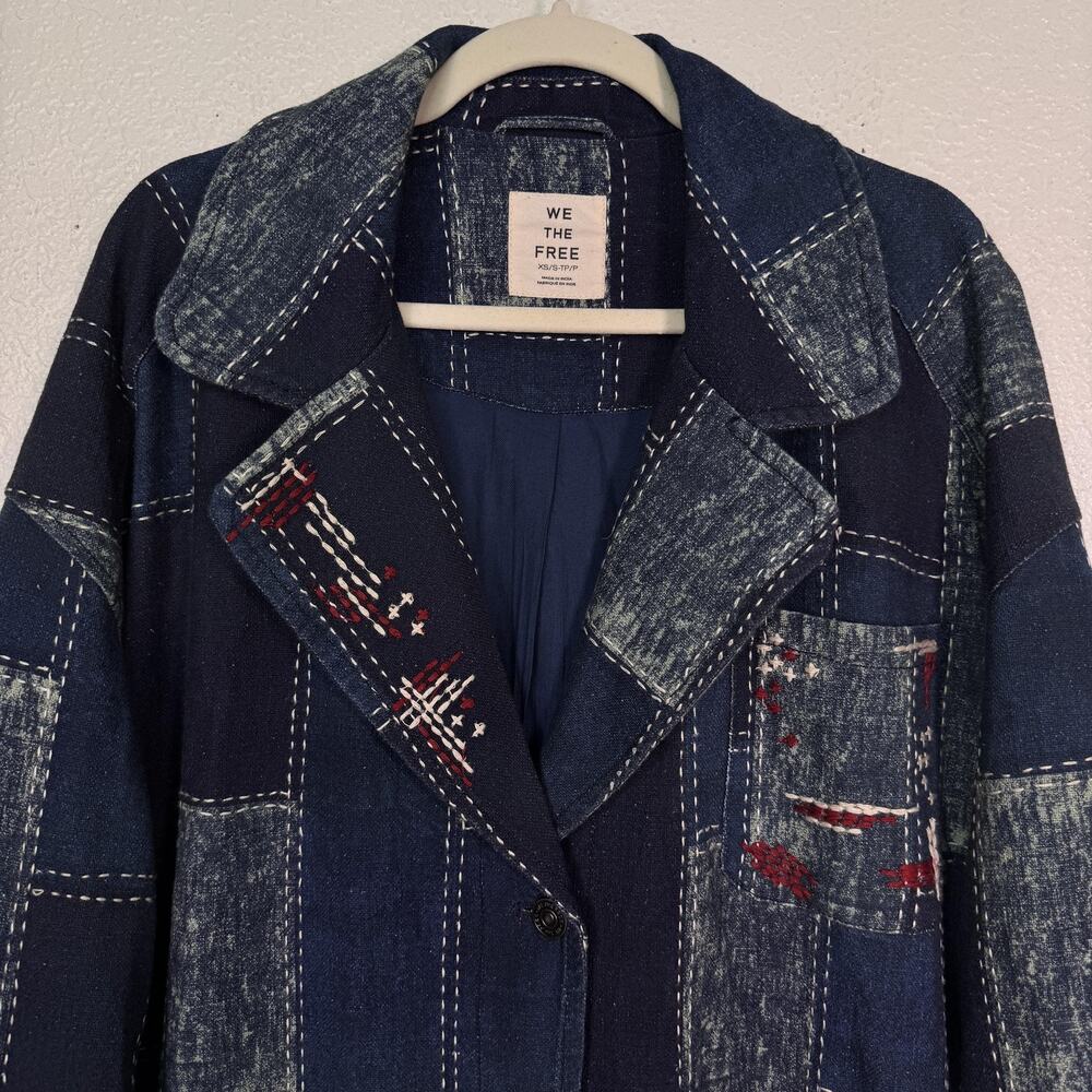 Free People Open Studio Duster Women XS/S Patchwork Denim Embroidered Boho Coat - Picture 4 of 13